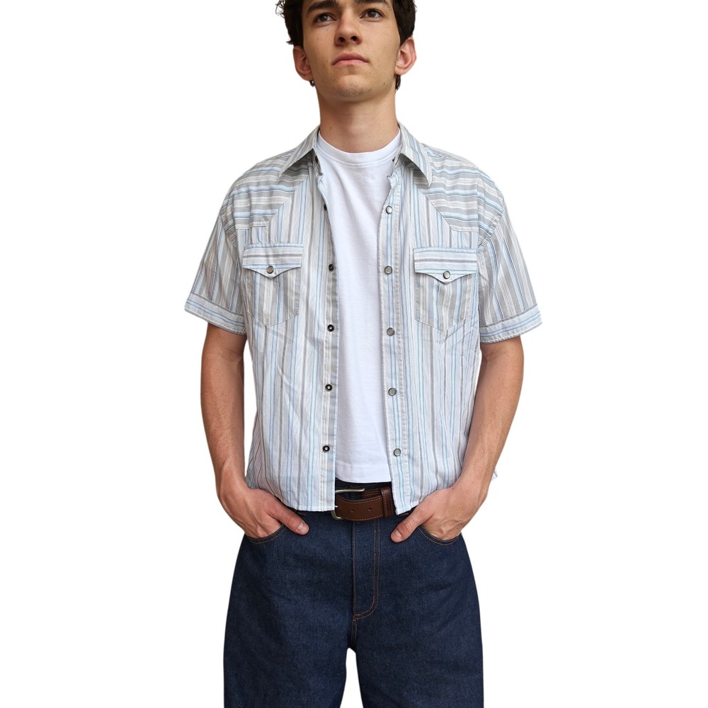 RW&CO Mens Striped Short Sleeve Western Snap Cropped Shirt Small Tan Blue